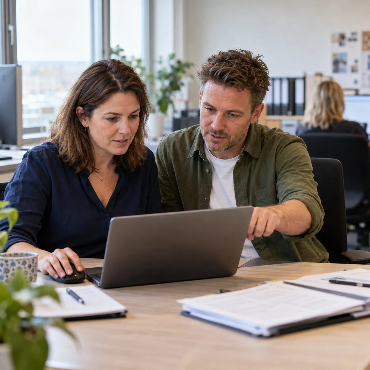 Een medewerker werkt op haar laptop terwijl een AI-coach naast haar meekijkt en uitleg geeft